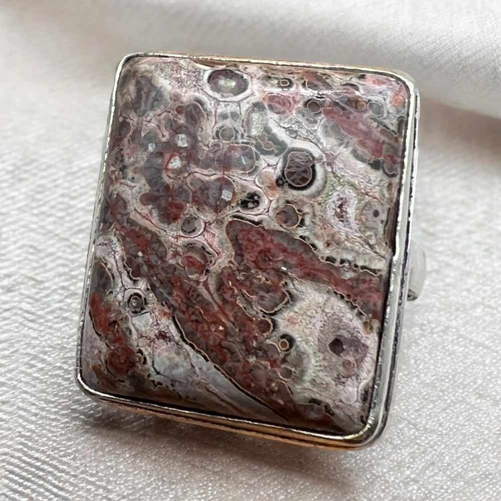 New Jasper Stone Silver Overlay Ring Size 10.5